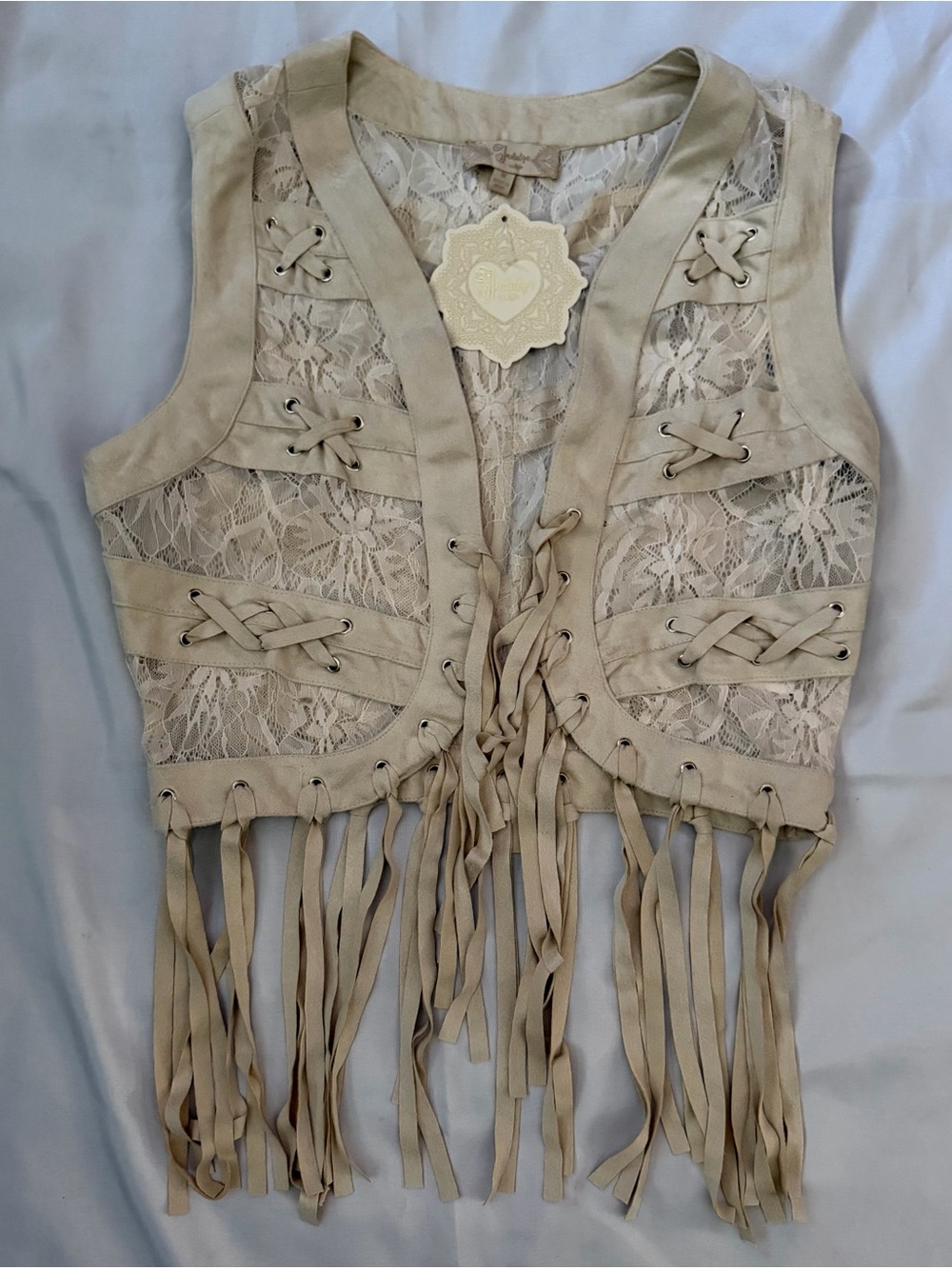 indulge Beige Lace Fringe Crop Vest
